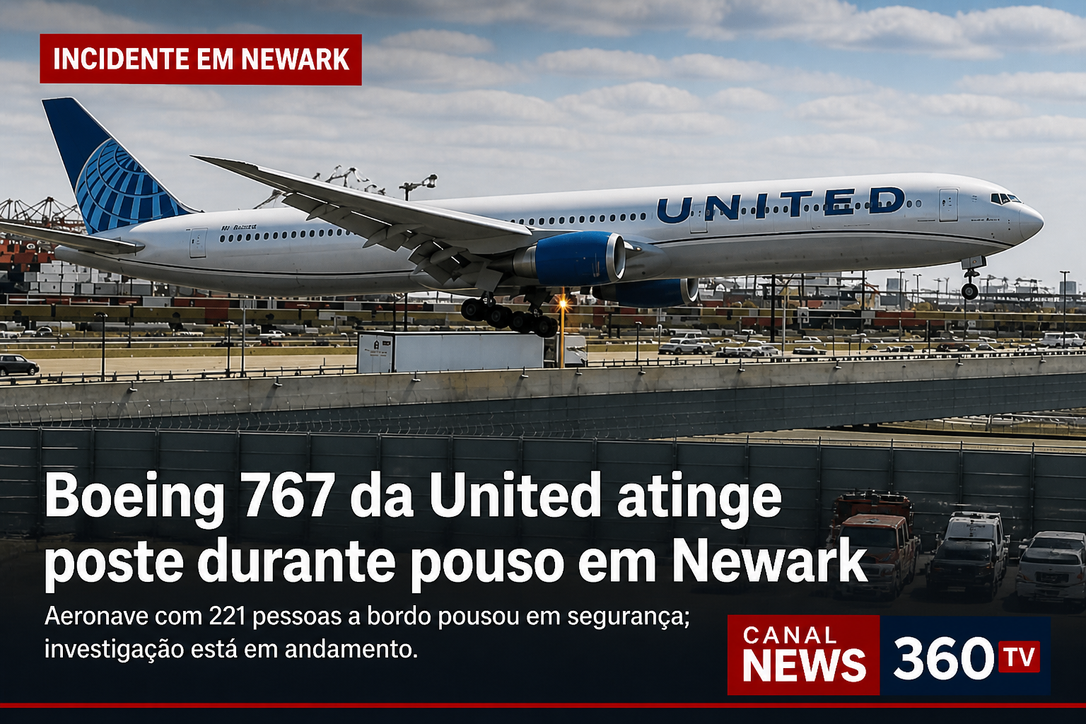 Boeing 767 da United atinge caminhão e poste durante aproximação para pouso em Newark