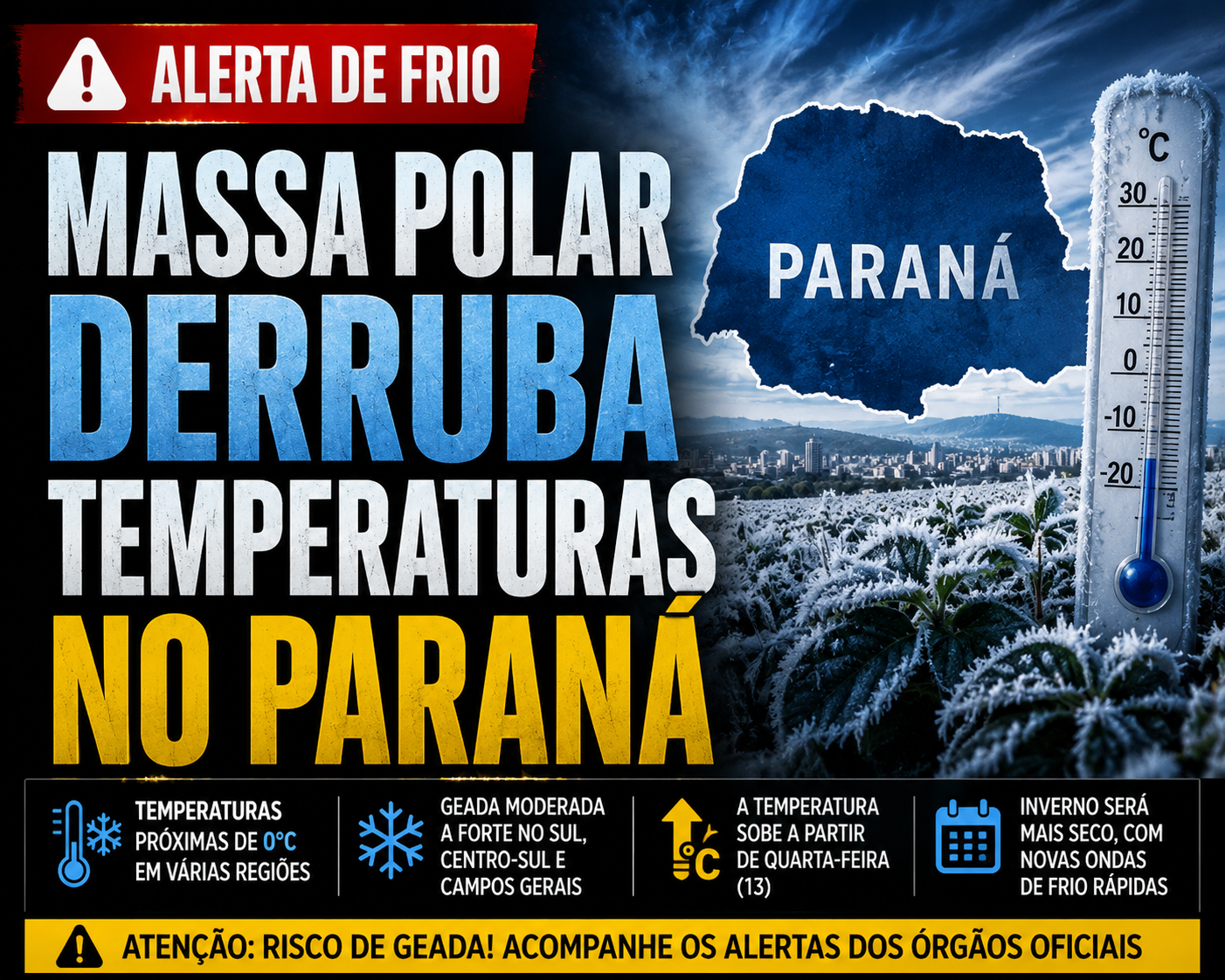 Massa de ar polar derruba temperaturas e aumenta risco de geada no Paraná